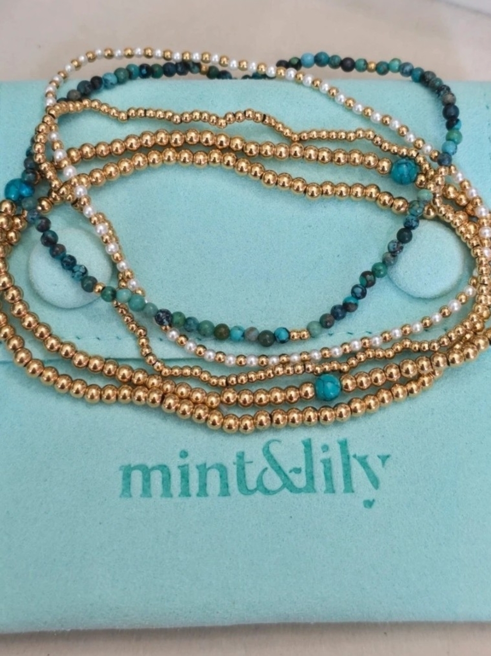 Mint And Lily Gold and Turquoise Beaded Layered Bracelet Set 7.5" Stretch B87